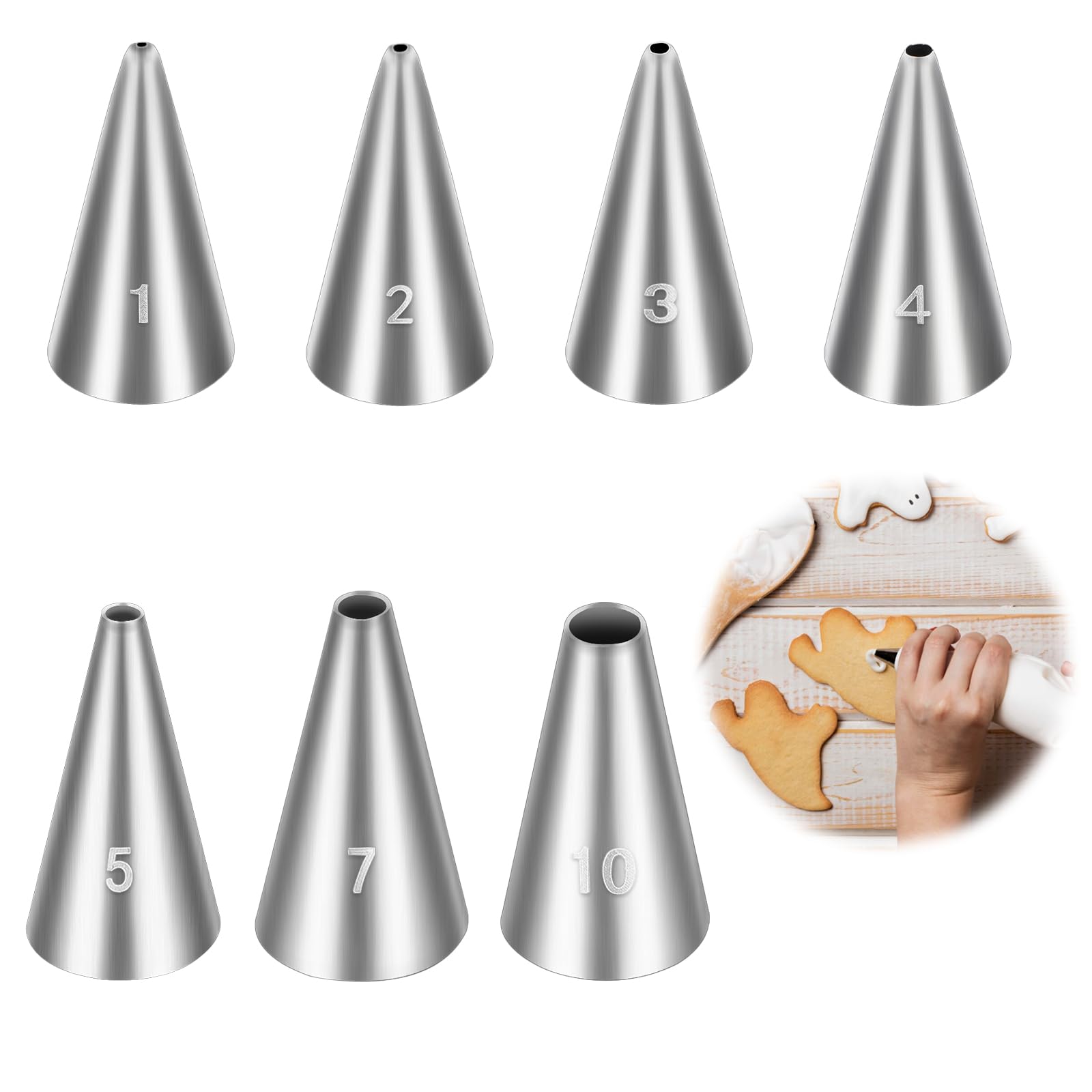 7 Pcs Round Hole Piping Tips Set, Professional Stainless Steel Cupcake Frosting Nozzles Tool Russian Pastry Icing Dispensers Supplies for Cake Decorating Supplies Baking Set Tools(7PCS)
