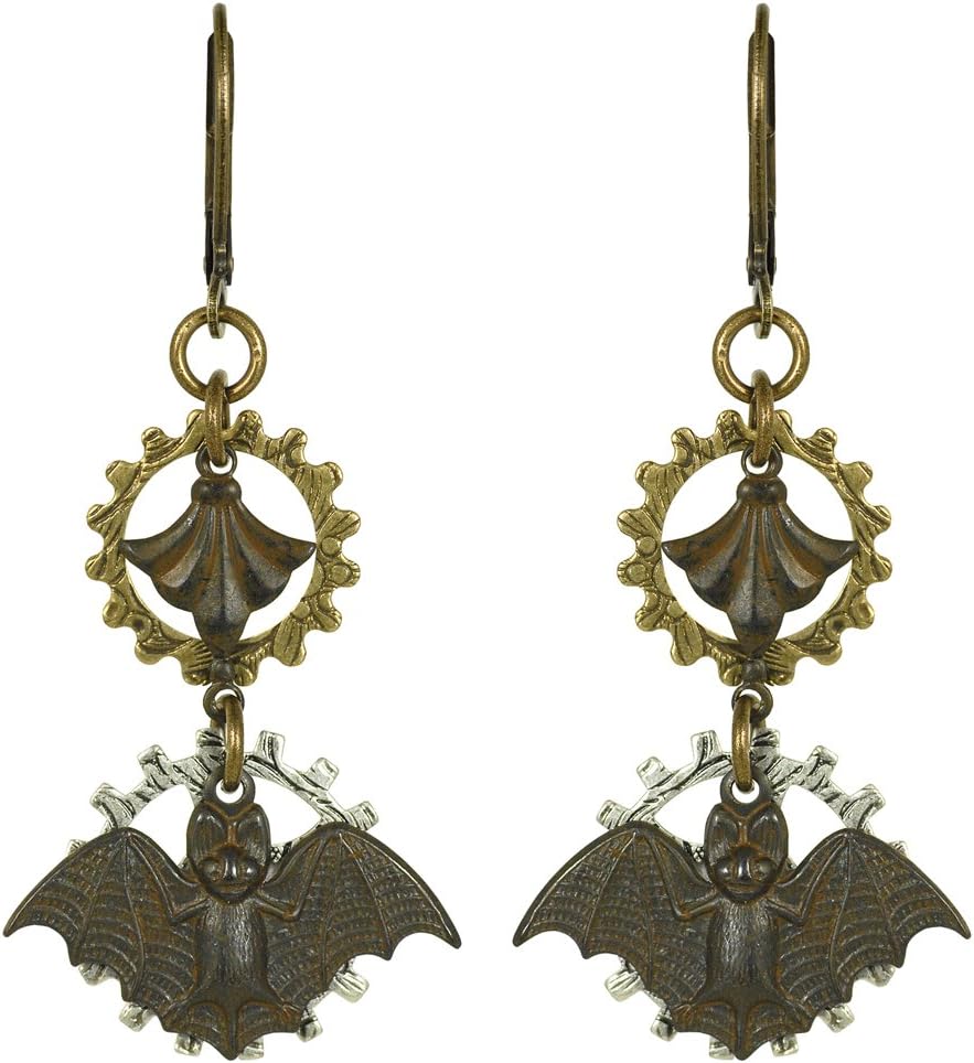 Funky Steampunk Bat and Gear Dangle Earrings Etched Brass with Vintage Flair