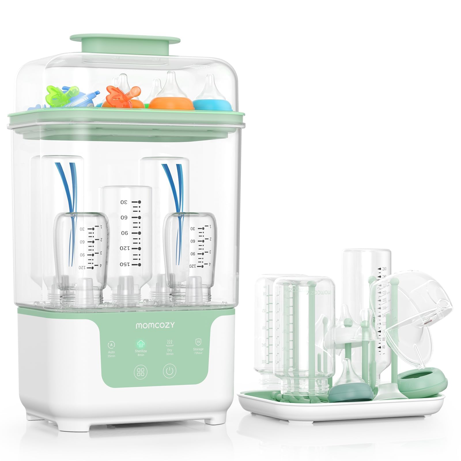 Momcozy Esterilizador y Secador Eléctrico para Biberones, Capacidad para 6 Biberones, Dispositivo 4 en 1 para Biberones, Accesorios y Extractores de Leche, con Soporte de Secado Incluido