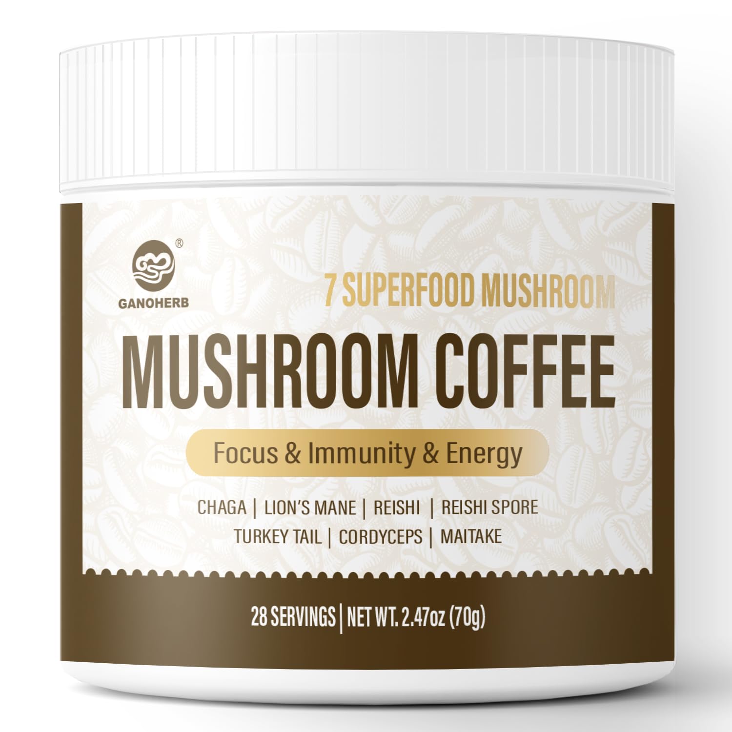 GANOHERB Mushroom Coffee Instant Powder, Medium Roast Arabica Coffee with Lion’s Mane, Chaga, Turkey Tail, Reishi, Maitake, Cordyceps for Focus & Energy, 28 Servings