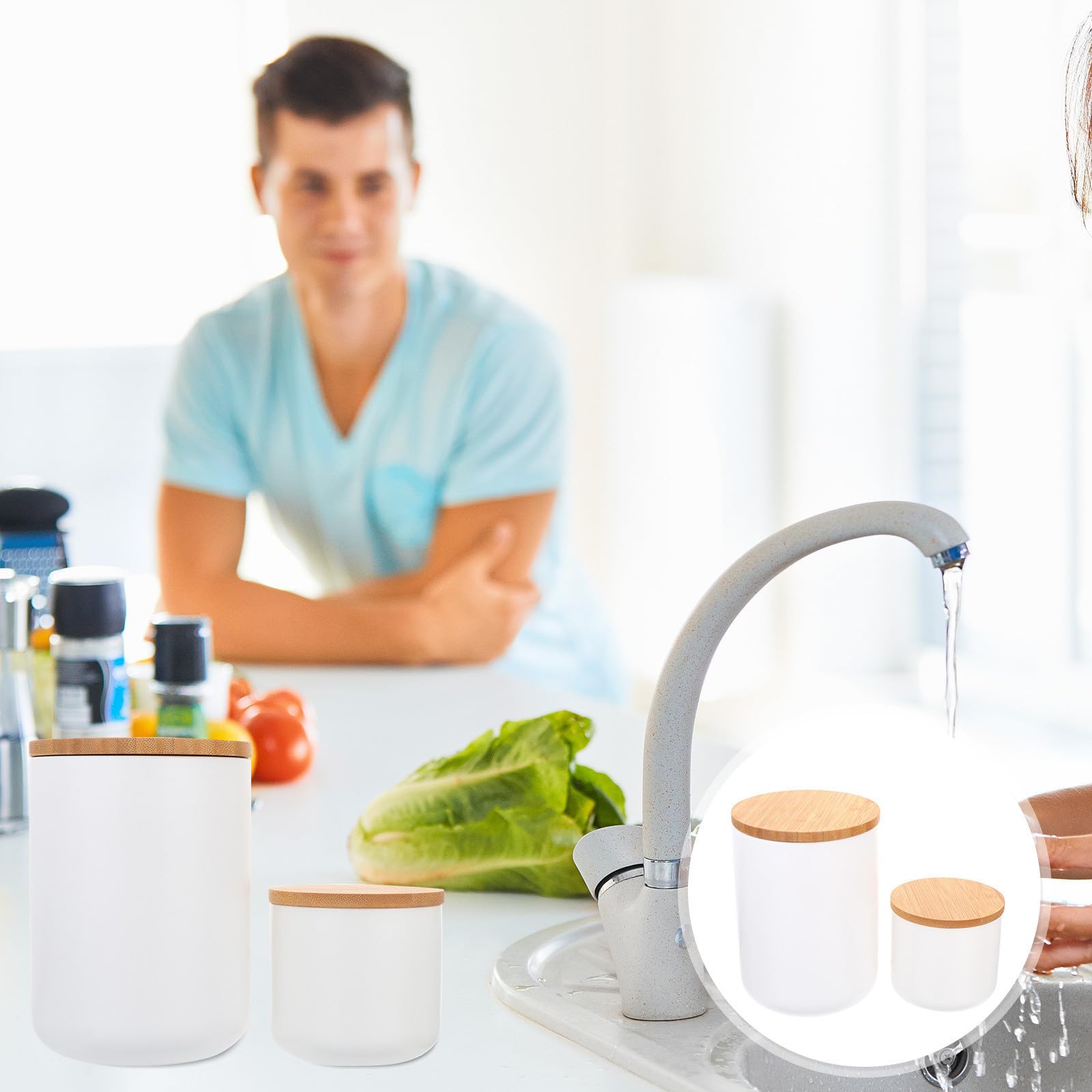 Operitacx 2 Piezas Tarro de Cerámica Hermético para Almacenar Granos y Especias en Cocina, con Tapa de Bambú, Capacidad 800ml y 260ml, Color Blanco Adecuado para Organizar Alimentos