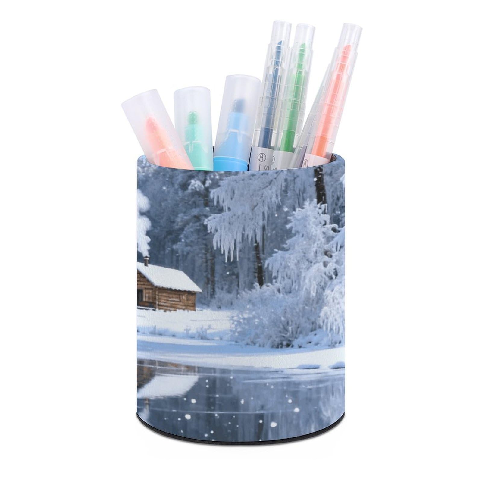 DWVTSLH Aesthetic Pen Holder for Desk - Modern Leather Pencil Holder - Stylish Round Makeup Brush Holder - Snow Forest Cabin Pen Cup Cute And Functional Desk Organizer for Office Supplies