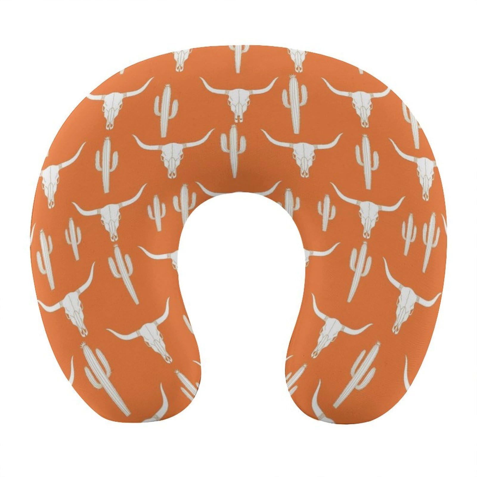 Funny Travel Neck Pillow Memory Foam U Shaped Cushion Longhorn Cattle Cow Texas Skull Cactus, Washable Cover for Men Women Teens Airplane Car Sleep