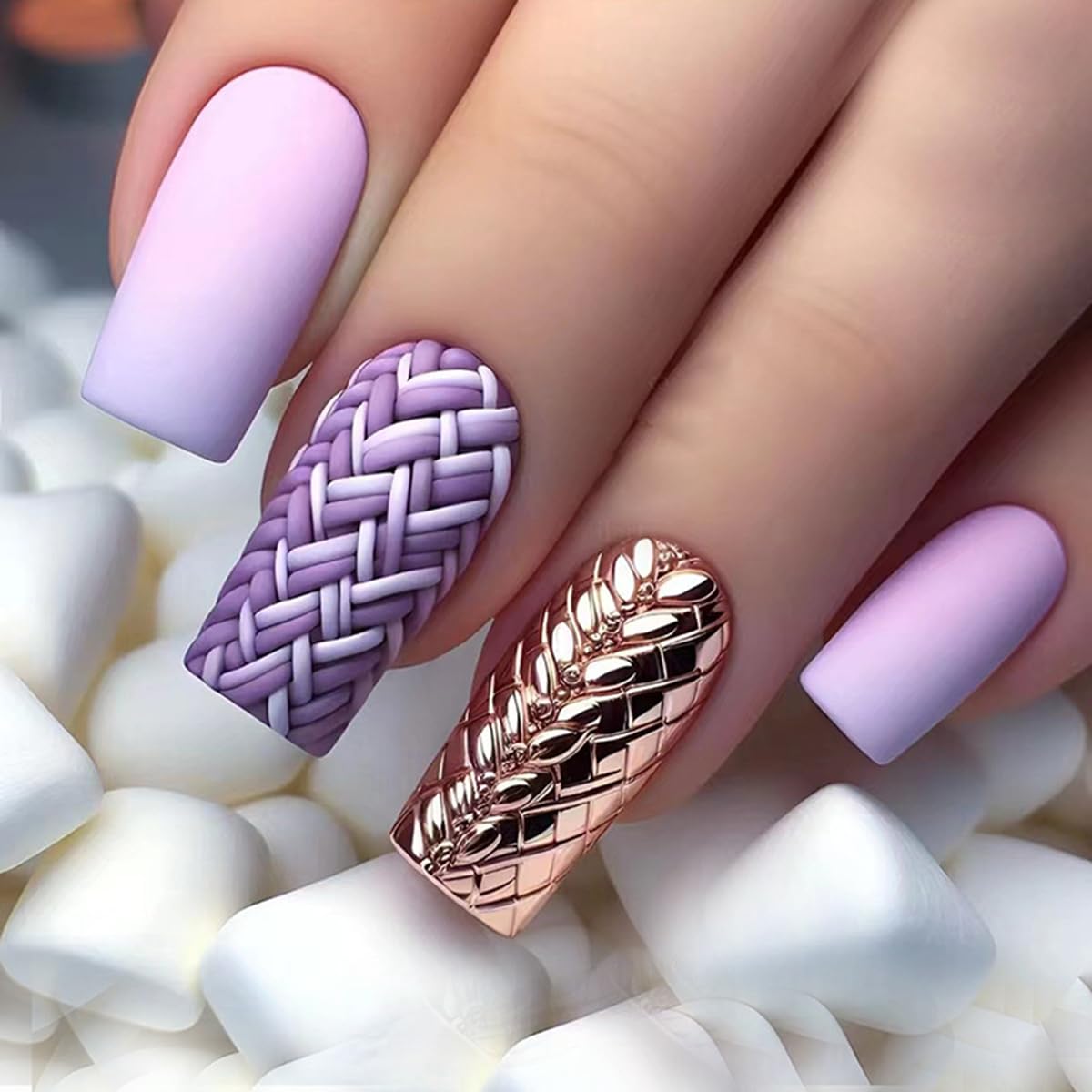 24 Pcs Purple Press on Nails Medium Square WLGDLH Summer Fake Nails Ombre False Nails with Gold Purple Plaid Design Glossy Nail Tips Full Cover