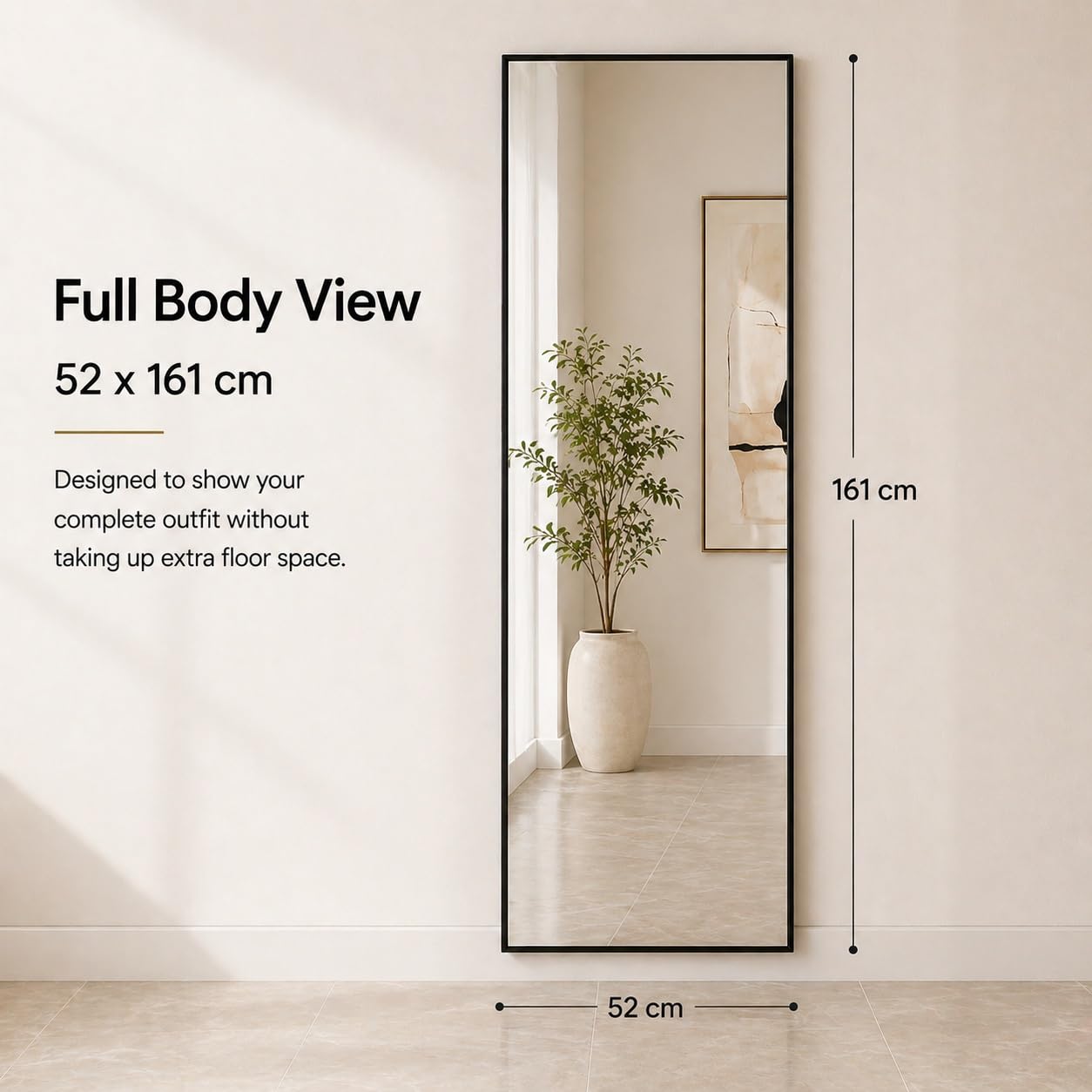 Espejo de Pie Moderno 52x161 cm | Espejo de Cuerpo Entero Resistente con Marco de Aluminio Estrecho | para Salón, Dormitorio y Vestidor | Función Doble: De Pie o Colgante