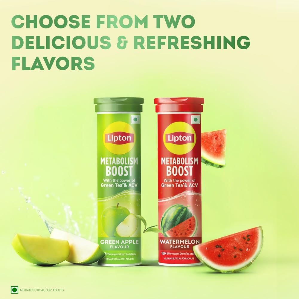 Lipton Metabolism Boost with 150mg Green Tea Catechins and 50mg ACV (Apple Cider Vinegar) | For Weight Loss & Fat Burn | Zero Calories | 16N Effervescent Tablets | Green Apple Flavour 3