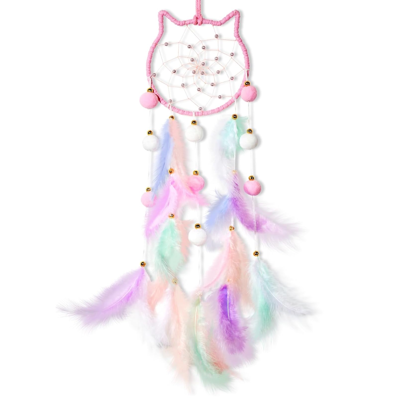 Dream Catcher for Girls, Pink Cat Dreamcatcher with Feathers, Cat Decor Suitable for Party Occasions Room Accessories Pink Cat Decor