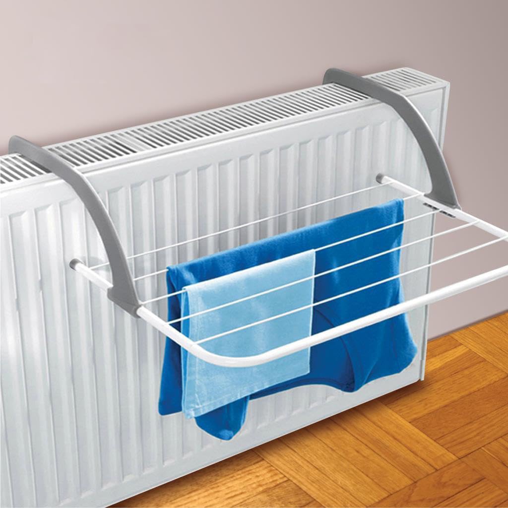 Vivo Technologies 1 Pack Over Radiator Airer Clothes Washing Drying Indoor Rack Rail Dryer Adjustable Foldable 6 Bar Towel Drying Rack with Adjustable Arms Grey