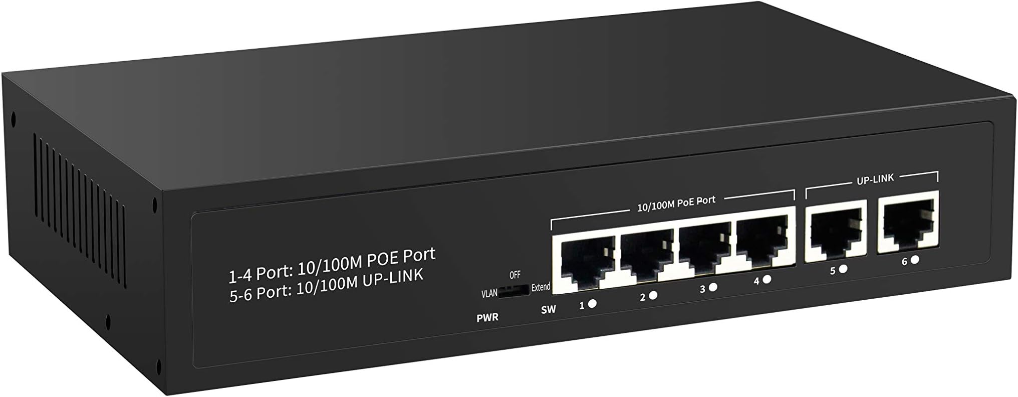 4 Port Unmanged PoE Switch with 2 Uplink Ports, 10/100Mbps, Total Power Budget 65W, 803.af/at Compliant, Work with IP Cameras VOIP Phones