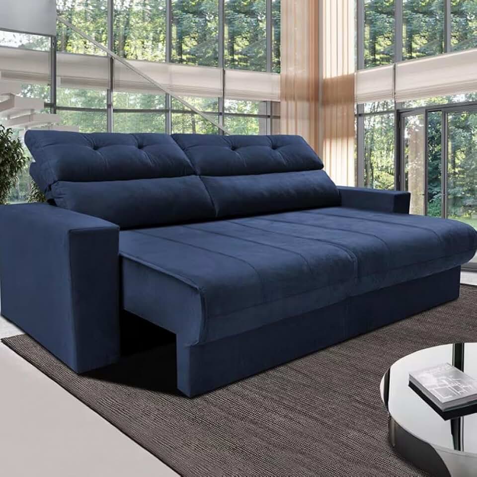 Sofá 3 lugares Cama inBox Clean com Assento Retrátil, Encosto Reclinável em Tecido Velusoft e 170cm de Largura - Azul