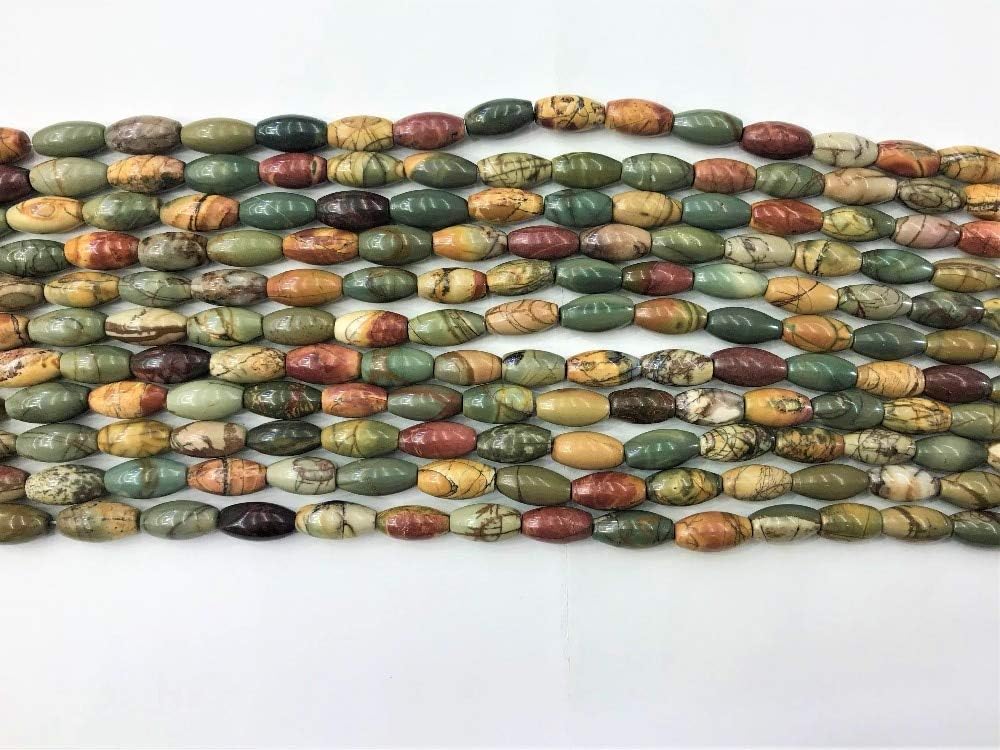 Calvas 8x16mm Natural Olivary Rice Beads Shape Picasso Jaspers,Agates Semi Precious Loose Beads Strand 15 inches Wholesale for DIY - (Color: Picasso Jasper, Item Diameter: 8x16mm)
