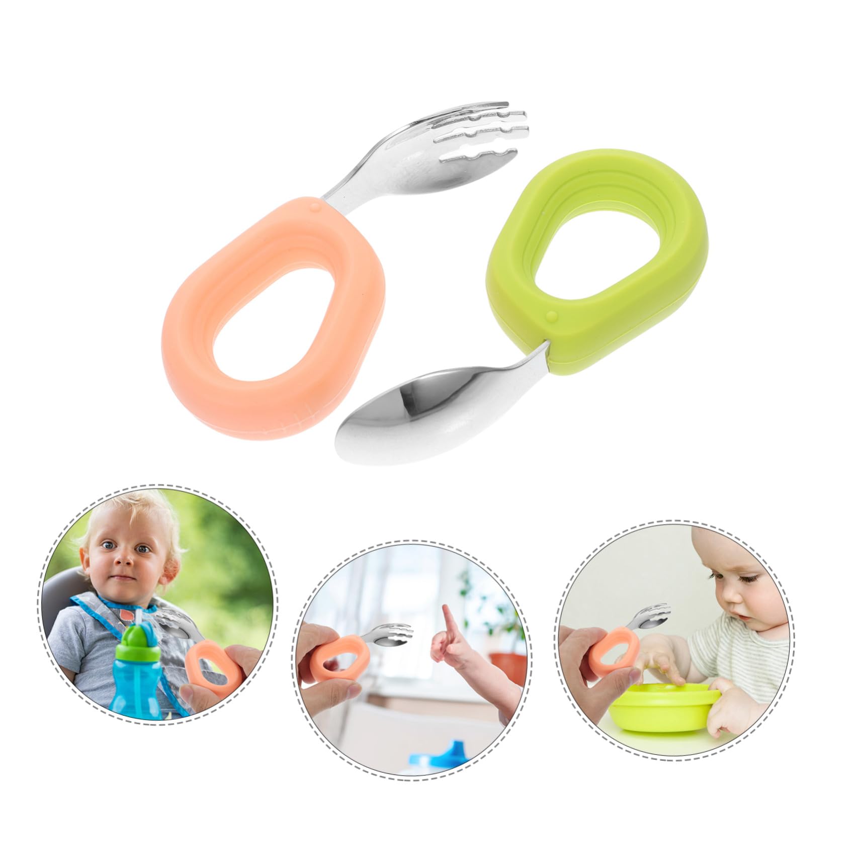 3 Set Posate Acciaio e Silicone Manico Corto Ergonomico Antiscivolo Cucchiaio e Forchetta Curva per Anziani Uso Quotidiano