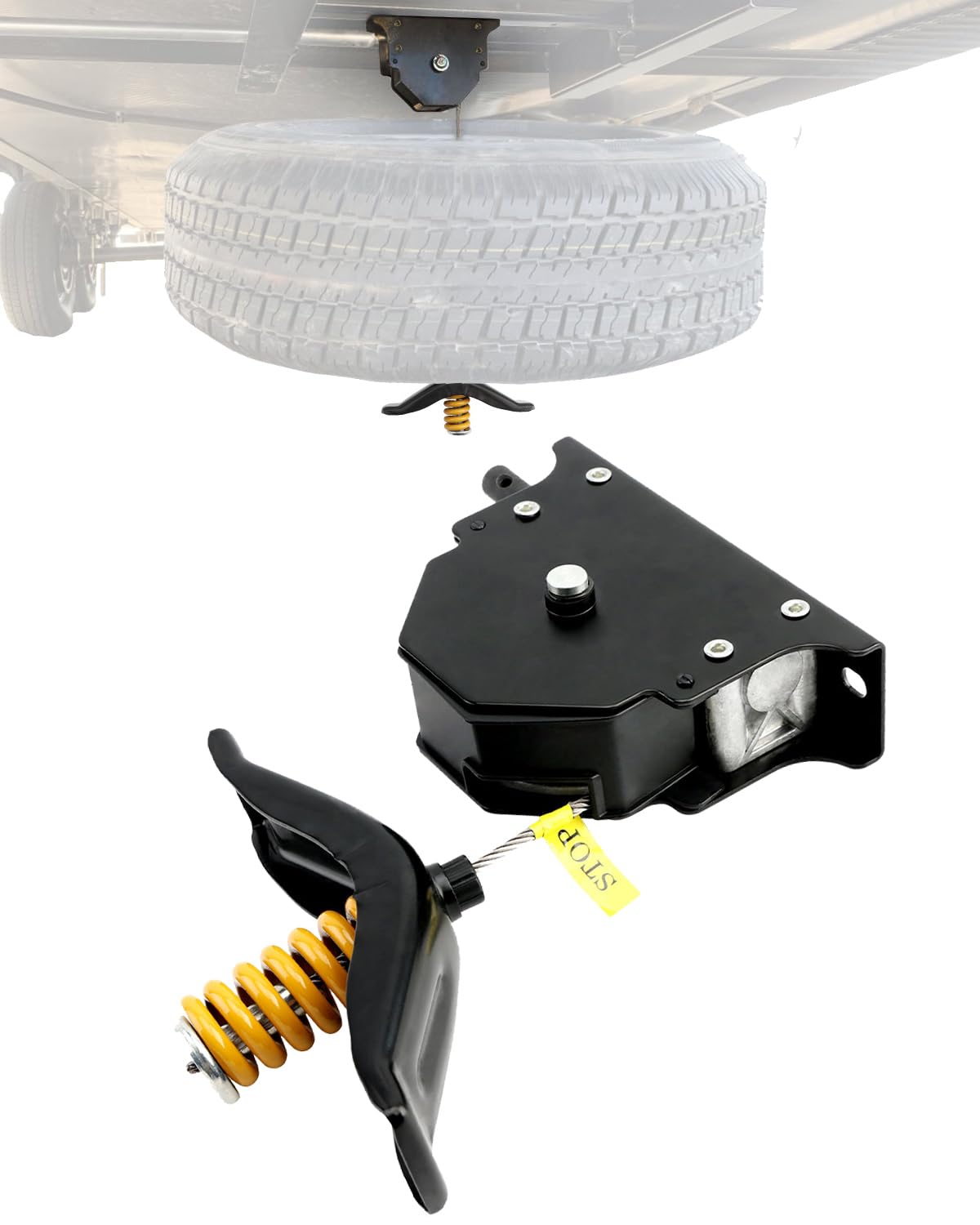 Spare Tire Hoist, Spare Tire Winch Carrier, Compatible with RVs Trailers Trucks Motorhomes, Spare Tyre Holder with Offset Cable, Spare Wheel Towing Winch, Spare Tire Lift Assembly, LC159056, 159056