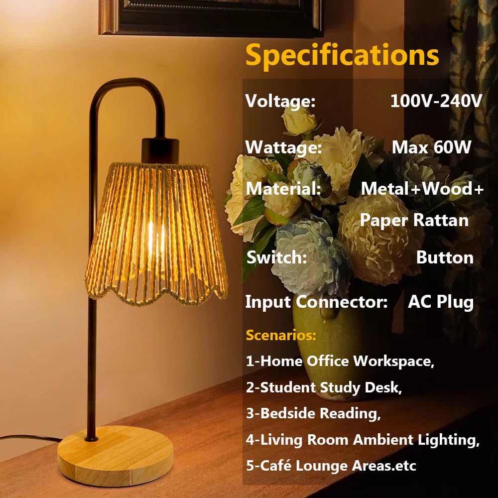 Small Bedside Night Table Lamp for Bedroom, Farmhouse Nightstand Lamp with Boho Paper Rattan Shade, Study Reading Desk Lamp for Kids Room, Living Room, College Dorm, Home, Office