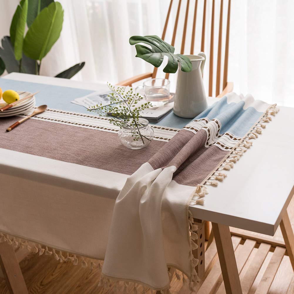 Lanqinglv Borwn-Blue Cotton Linen Tablecloth 100x160cm Rectangular Tassel Decoration Dust-proof Table Cloths Washable Garden Party Dinner Picnic Tassel Table Covers (PC-BR,100x160)