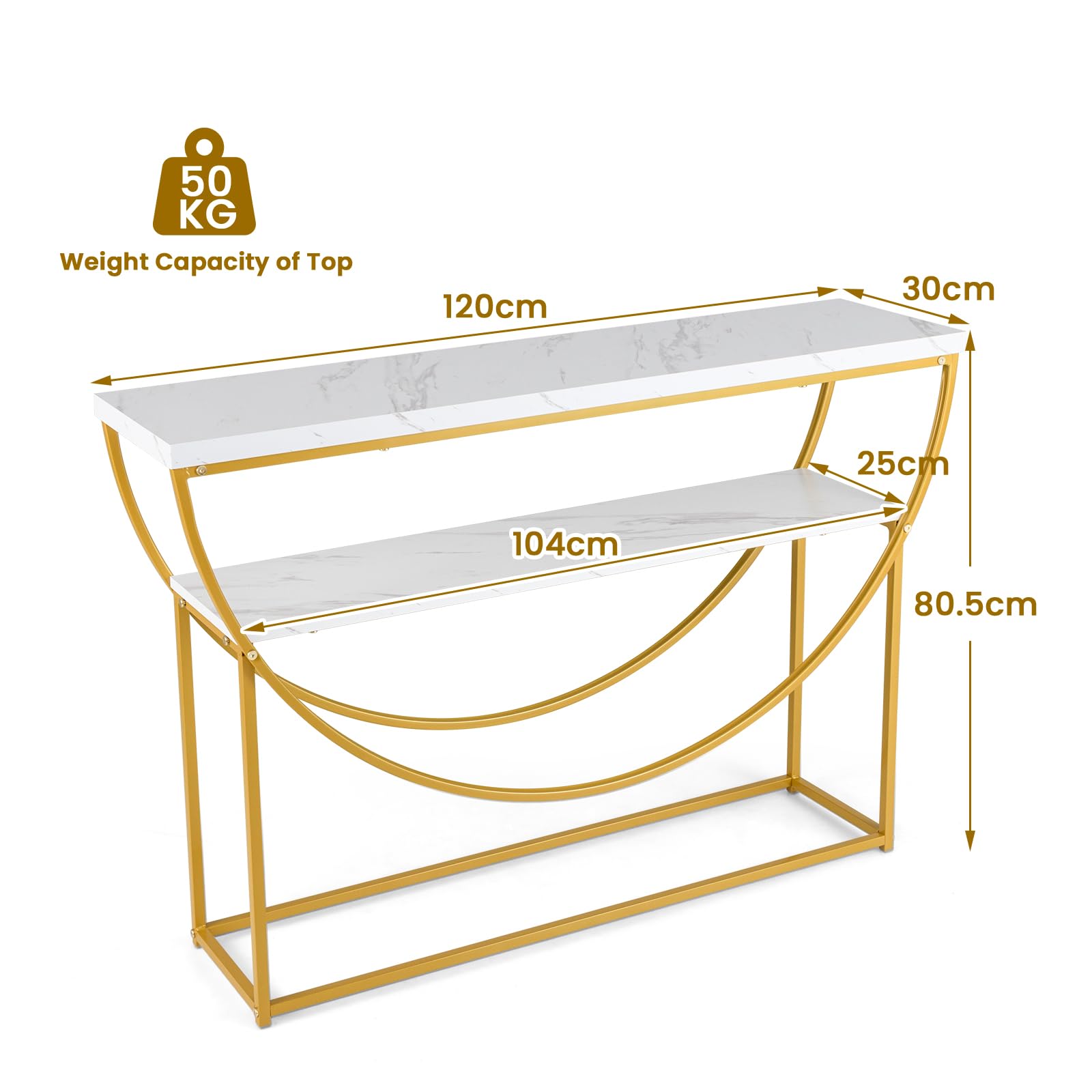 LIFEZEAL Consolle Ingresso, Tavolo Consolle, Moderno, Salvaspazio, Dorato, Oro e Bianco, con Effetto di Marmo, Telaio ad Arco, Console Entrata, Corridoio, in Legno, Metallo, Max 50kg, 120x30x80,5cm