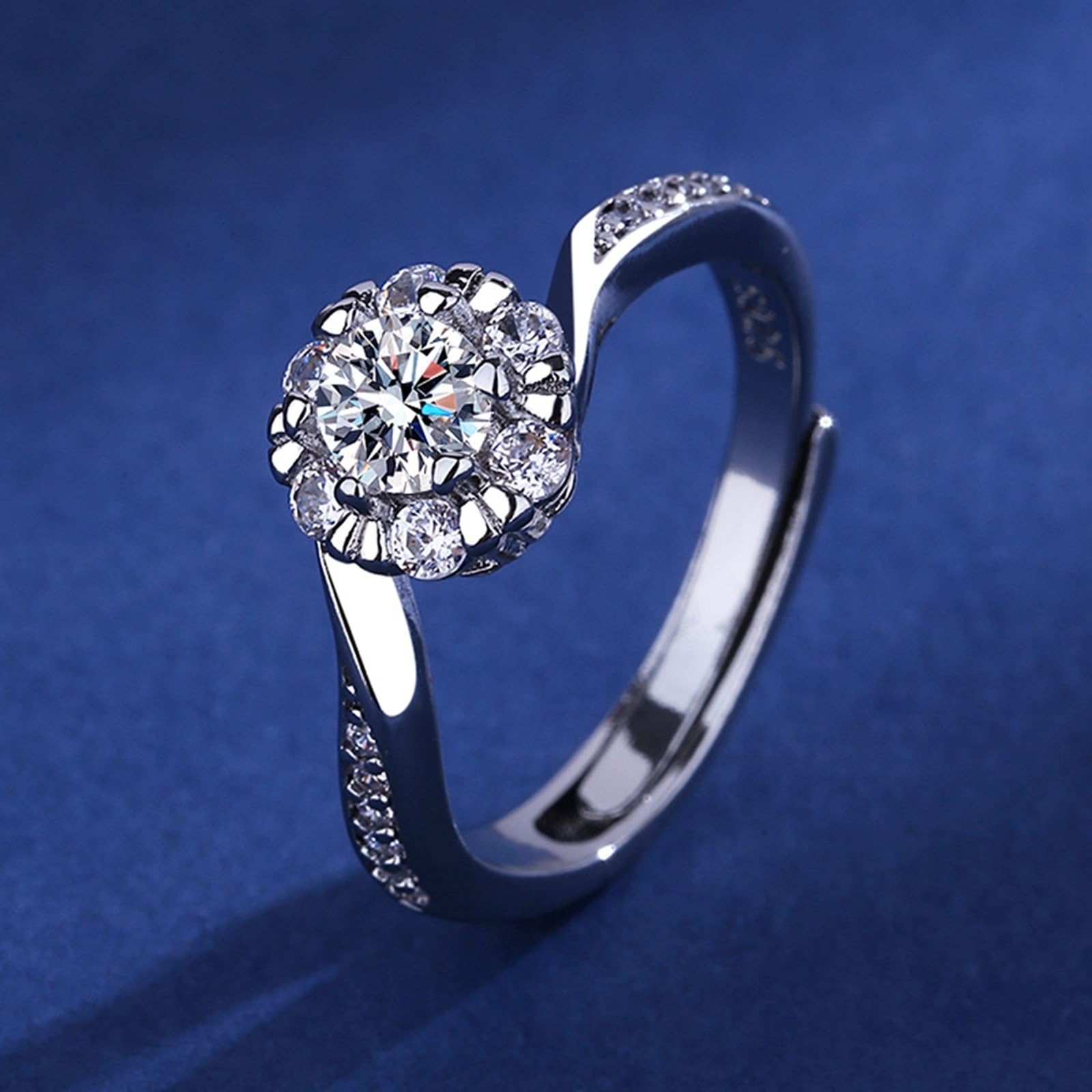 Anillo de compromiso de oro blanco de 9 quilates, diamante de laboratorio blanco para mujer, flor de boda
