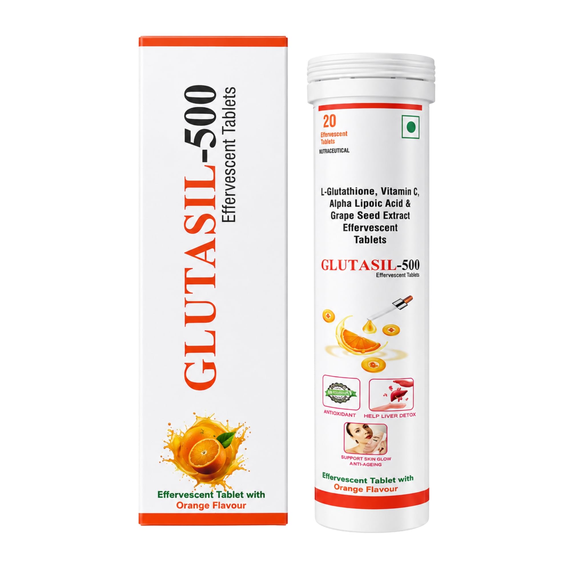 SCIL HEALTHCARE.INDIA Glutasil-500 - L-Glutathione with Vitamin C, Alpha Lipoic Acid & Grape Seed Extract Effervescent Tablets