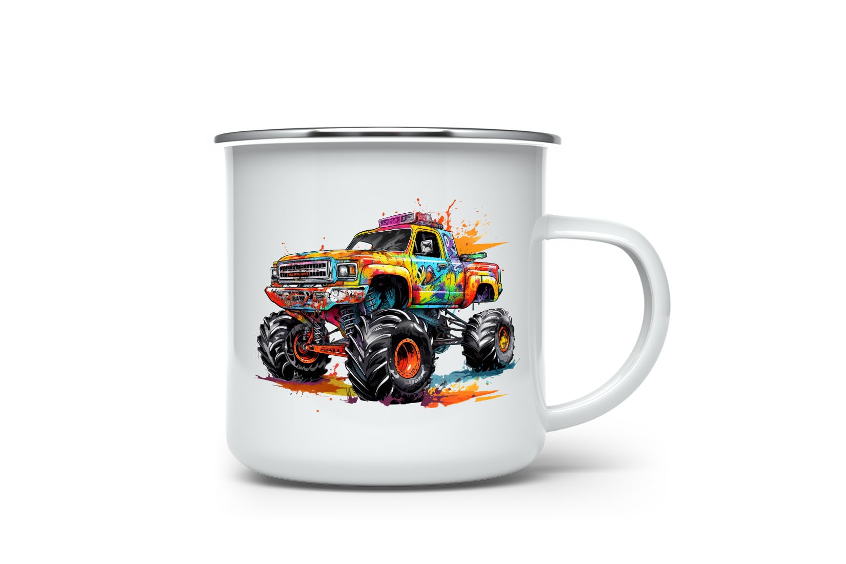 MAXIKIWI - Durable Enamel Coffee or Tea Camping Mug for Indoor Outdoor Use - Monster Truck - 350ml