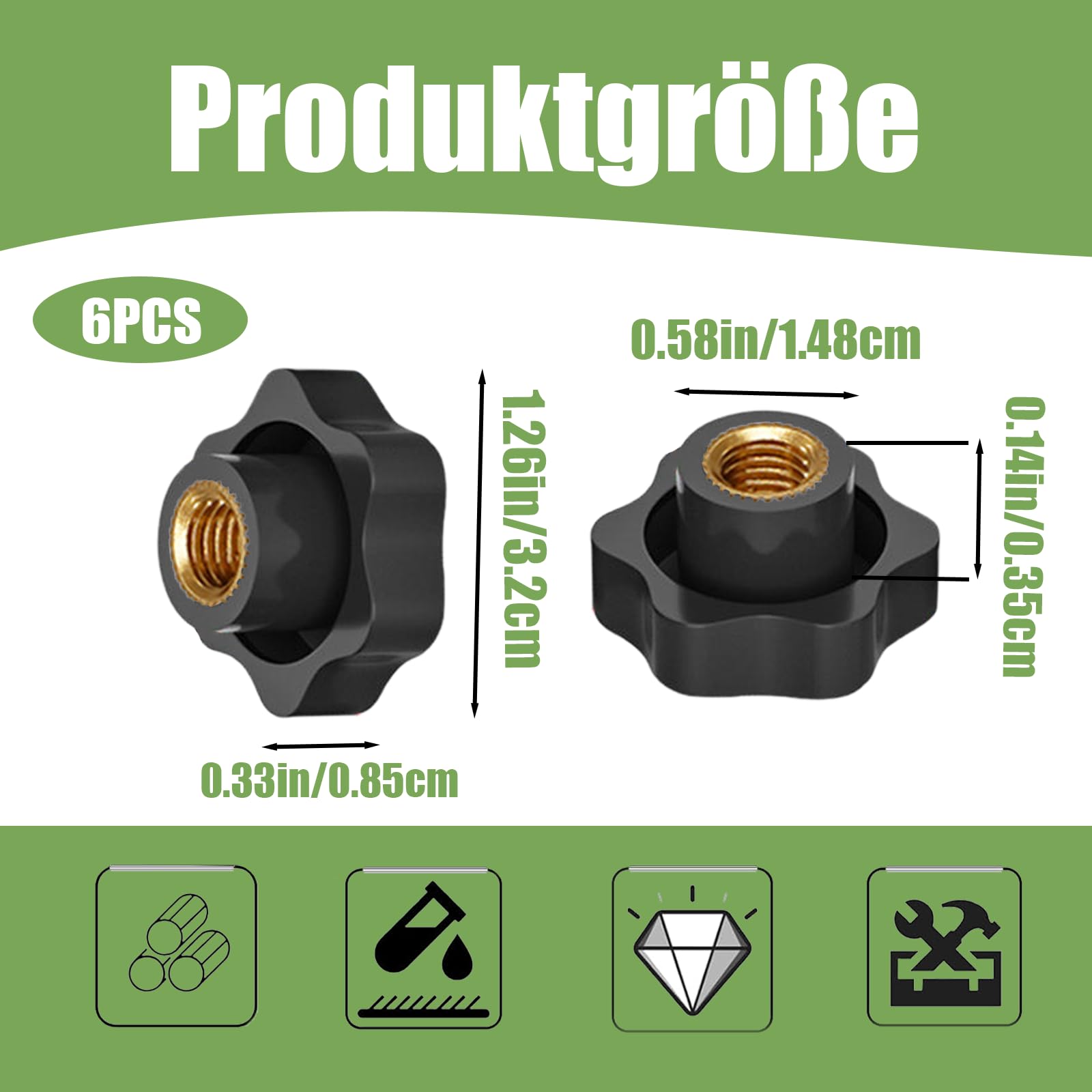 6 dadi con impugnatura a stella M6, diametro esterno 32 mm, dadi ad aletta, bottoni con dadi zigrinati, filettatura interna in ottone, per macchine e attrezzature, mobili, macchine utensili