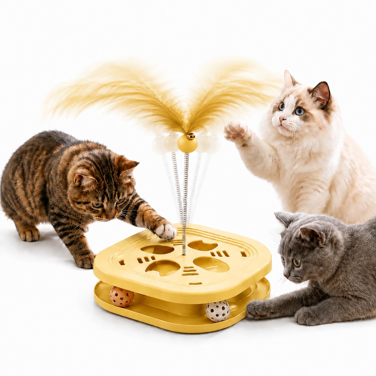 HAOYEGUOJI Interactive Cat Toys for Indoor Cats, 2-in-1 (Yellow) | Balls & Feathers, BPA-Free Safe Material, Non-Slip Base, Sturdy and Durable