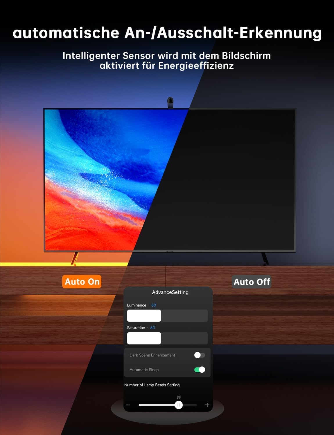 Gvyugke TV LED Hintergrundbeleuchtung, TV Hintergrundbeleuchtung mit Sensor, Smart-App-Steuerung, Spiel & Musik-Sync, 4,5 Meter TV Led Strip Sync für 55-65 Zoll TVs und PC-Monitore