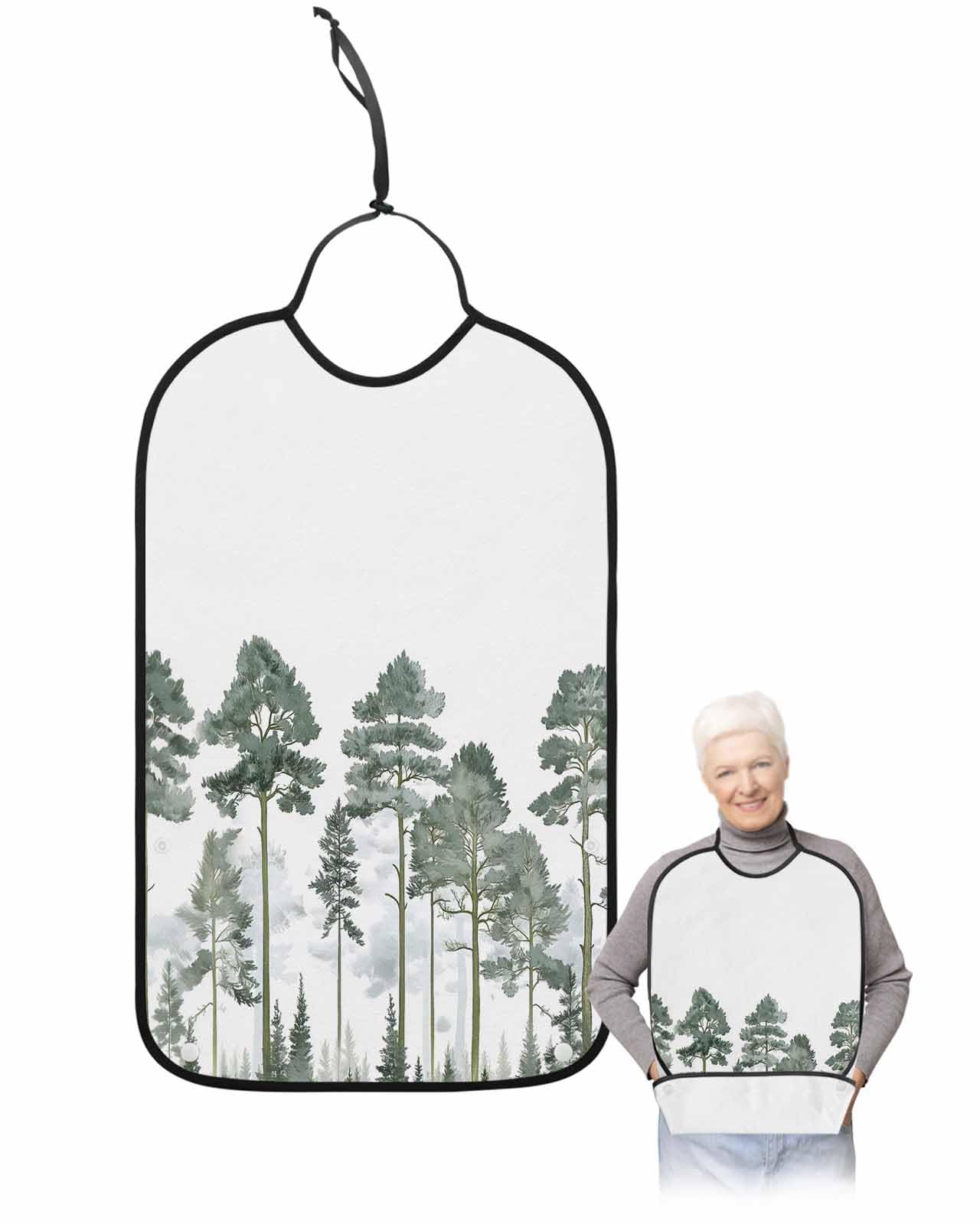 Adult Bibs for Eating, Watercolor Green Forest Nature Ink Painting Washable Elderly Adult Bibs for Men Women Large Reusable Adjustable Clothing Protector with Optional Crumb Catcher
