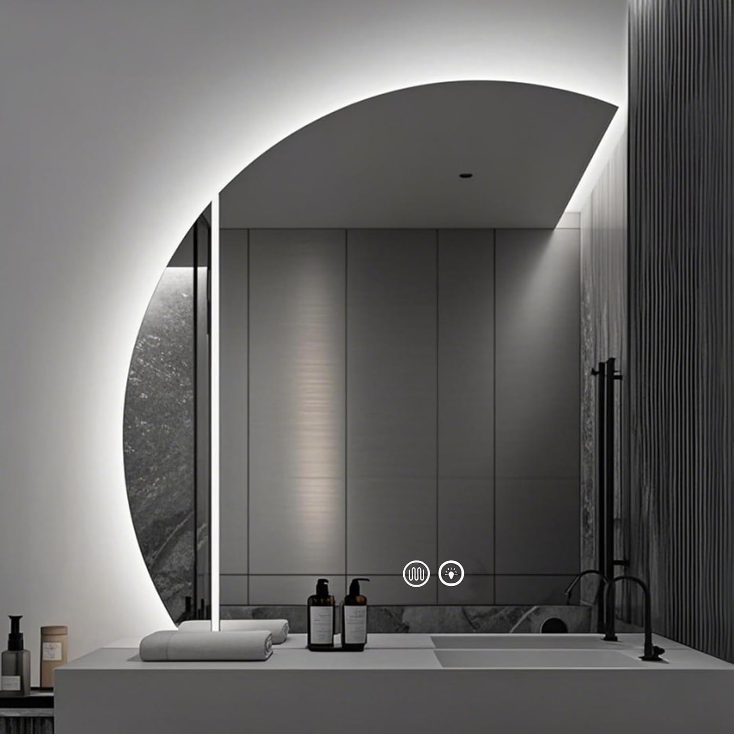 32" Right Half Moon LED Mirror for Bathroom, Semicircl Smarts Anti-Fog Wall-Mounted Vanity Mirror, 3-Color Dimmable Irregular 1/4 Round Frameless Mirror 32"L x 32"W