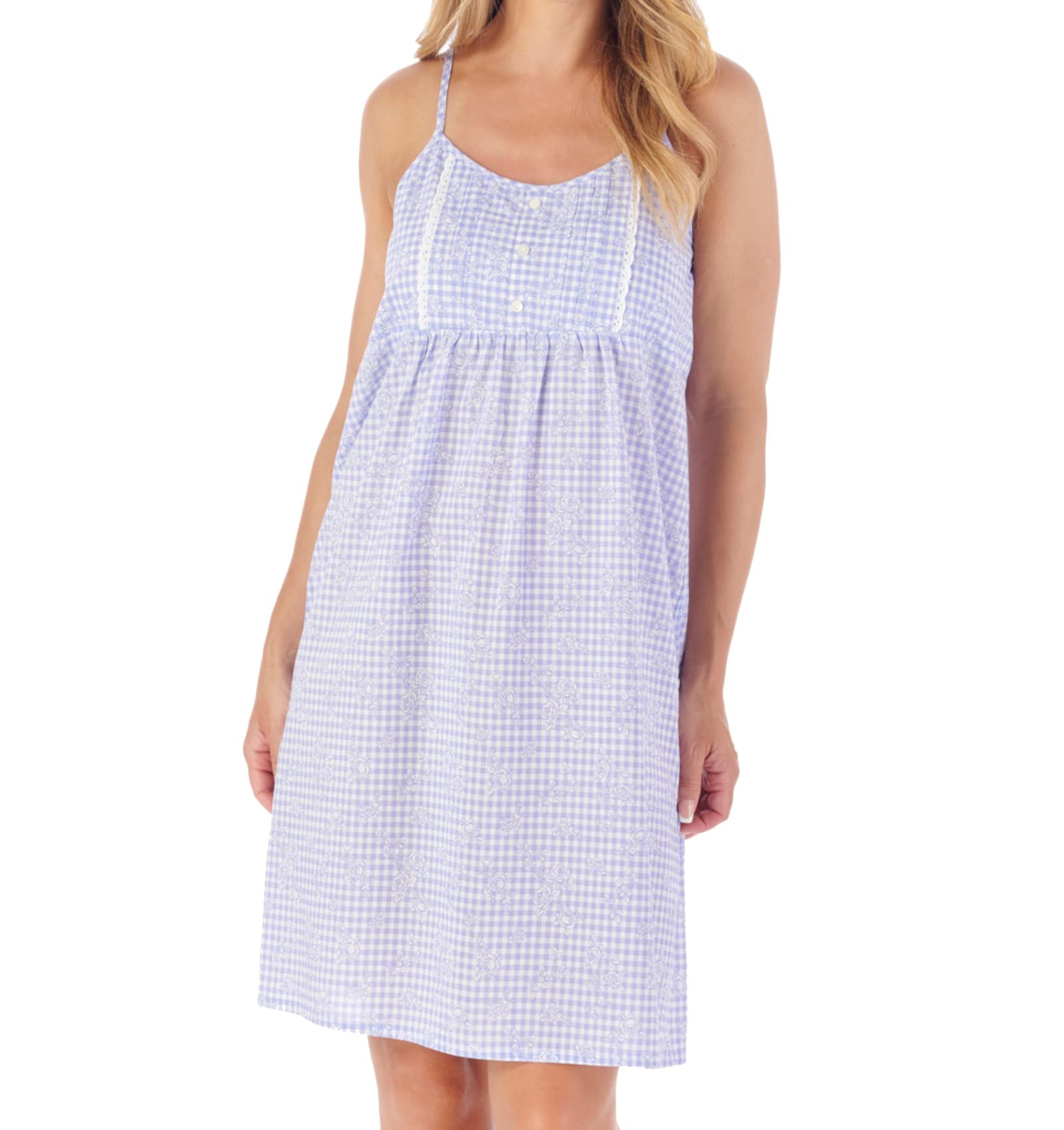 Slenderella Gingham & Flower Cotton Chemise Ladies Adjustable Strap Nightie UK 24/26 (Blue)