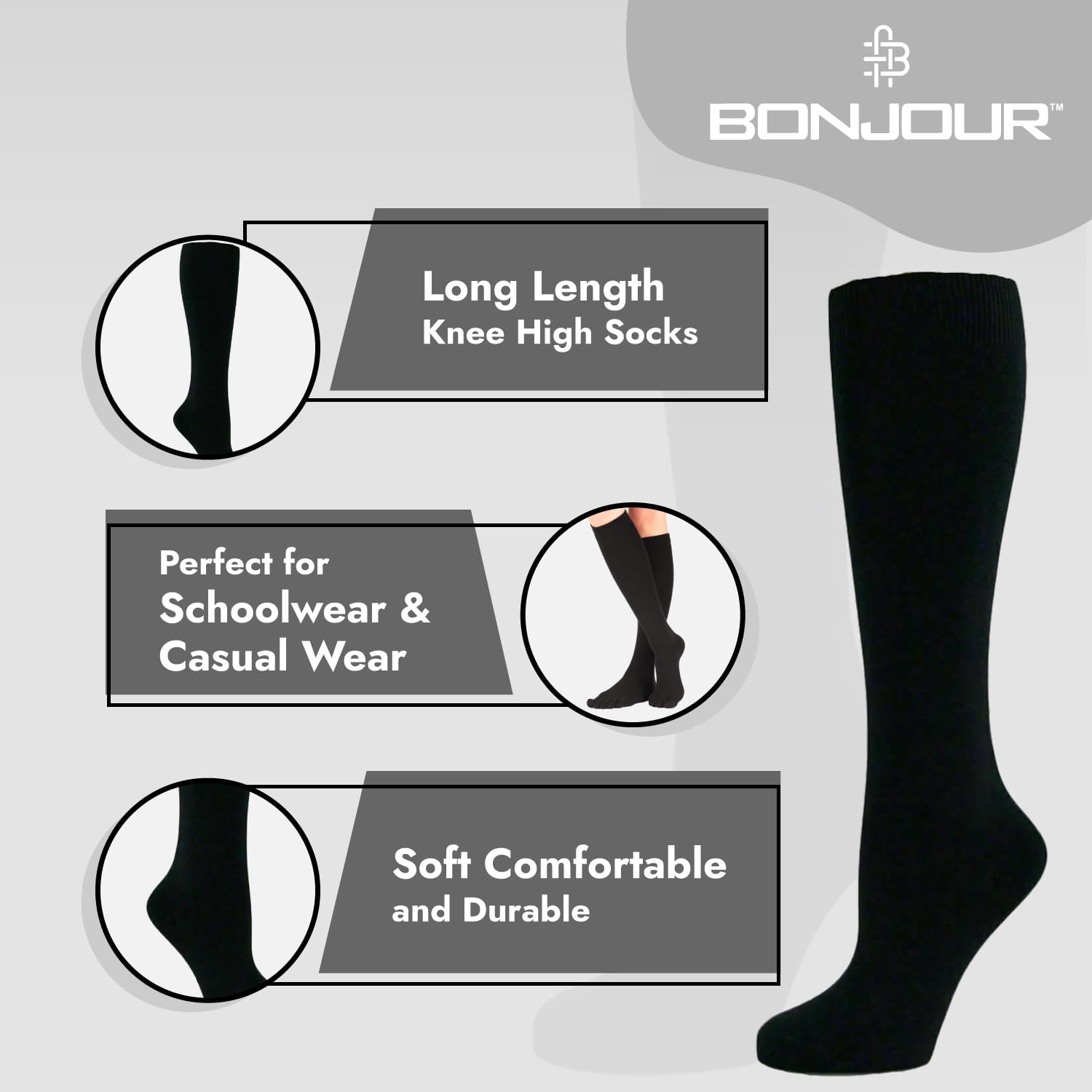 Bonjour® 6 Pairs Girls Kids Knee High School Socks Cotton Socks, Back to School Plain Socks Uniform Party Wear, Long Socks Girls Kids Knee High Socks for School — view 4