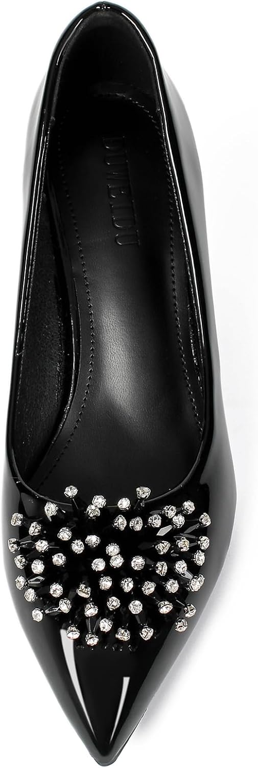 Kitten Heels for Women Comfortable Slip On Leather Rhinestone Pointed Toe Womens Pumps Dress Shoes for Party Wedding - Image 5