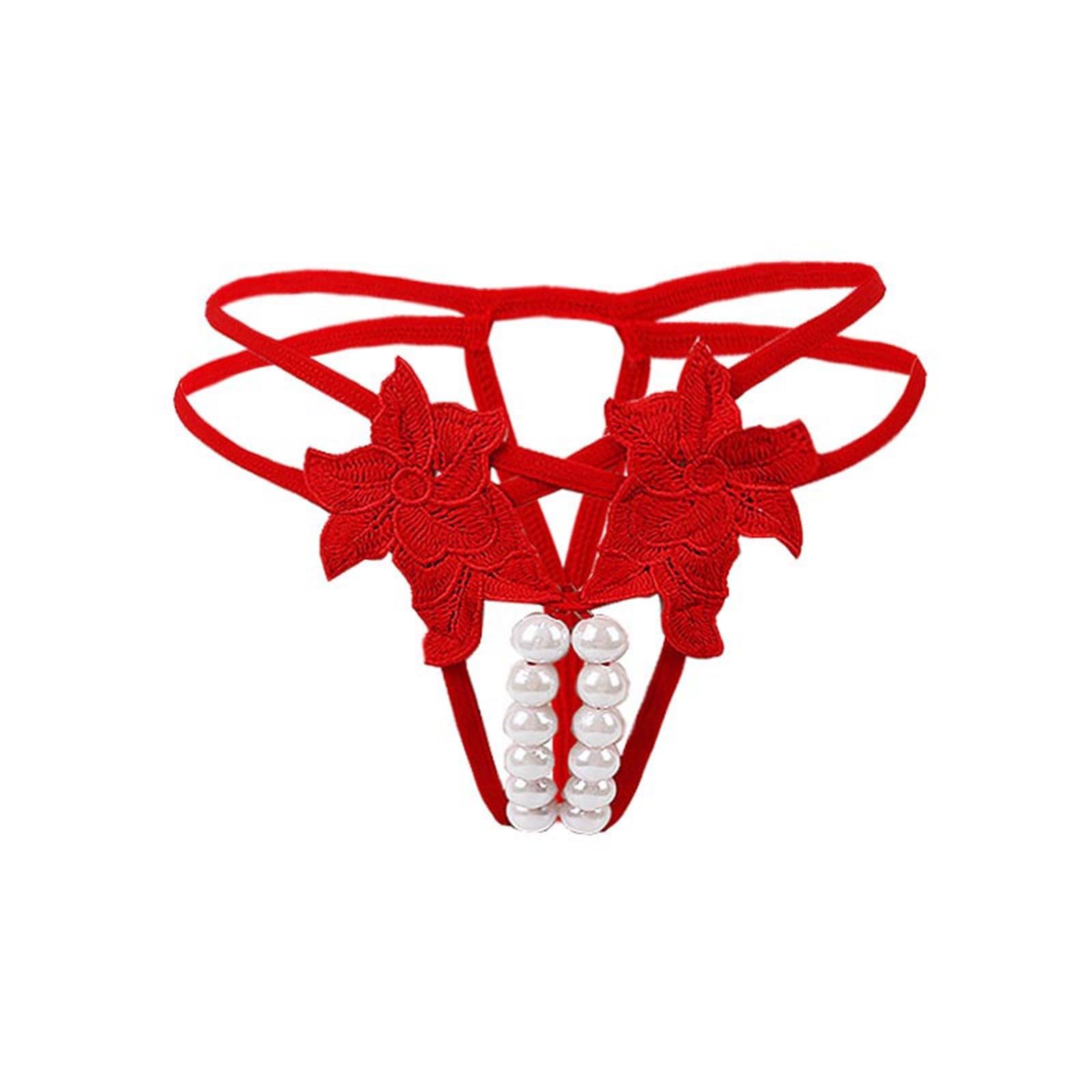 Fashion Women Sexy Underwear Cutout Pendant Pearl Beads Embellished Lace Floral G-String Thong Underpants Lingerie