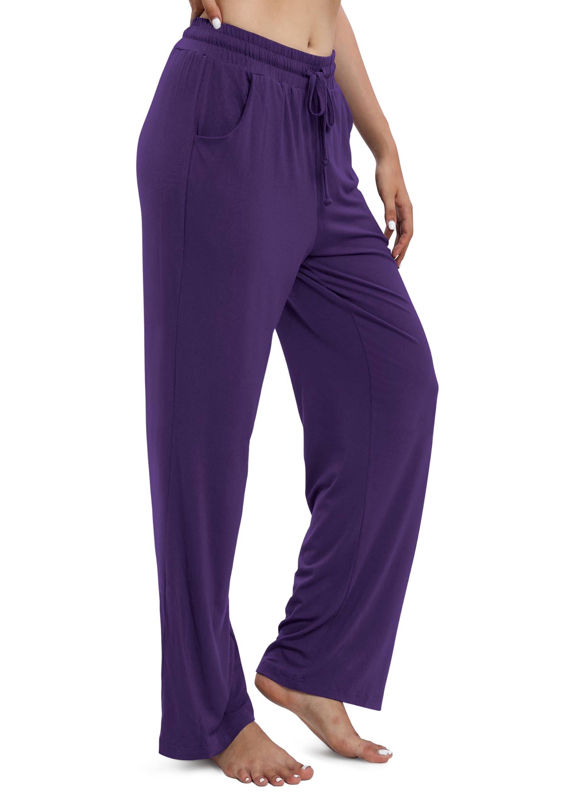 EXCHIC Mujeres Casual Piernas Rectas Largo Pantalones de Cuerda Cintura Elástica Yoga Pantalones con Bolsillo