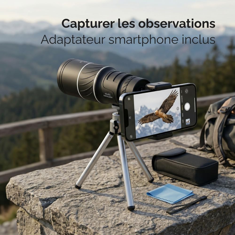 Monoculaire Puissant 8x40 Compact HD avec Double Mise au Point, Mini Trépied et Adaptateur Smartphone, Télescope Monoculaire pour Observation Oiseaux, Randonnée, Voyage et Nature