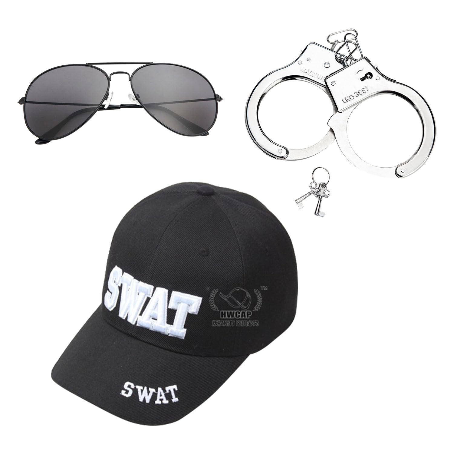 RmKbe 3pcs Adult SWAT Police Set Police Baseball Hat Sunglasses Handcuffs Police Fancy Dress Costume Role Play Cosplay Party for Unisex Adult