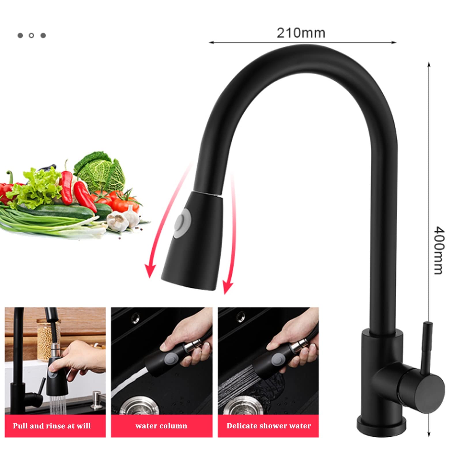 Fregadero De Cocina Bajo Encimera Fregadero De Acero Inoxidable Fregadero De Un Seno Negro Fregadero De Barra Grifo Extraíble Negro Accesorios Incluidos (S : 80x44cm)