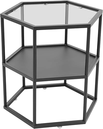 Miniatura 5 de Geometric Black End Table, 2 Tier Metal Side Table with Glass Panel Modern Simple End Table with Storage Shelf Minimalist Coffee Table for Living