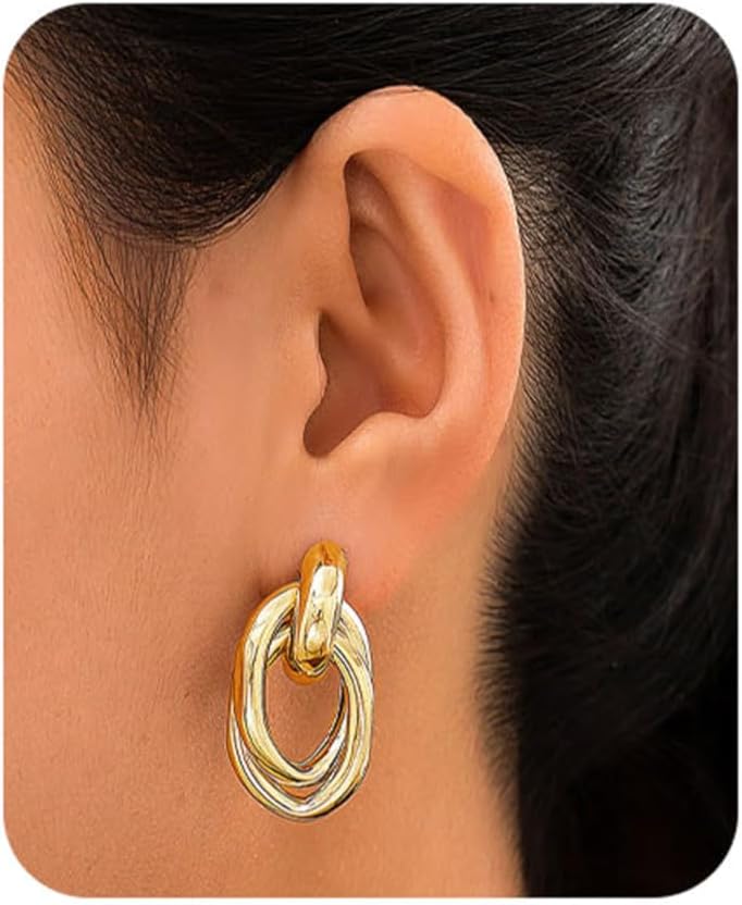 Chunky Gold Dangle Drop Earrings Trendy Geometric Interlocking Oval Earrings Twisted Statement Knot Earrings Fashion Jewelry Lightweight Hypoallergenic Elegant Daily Wear