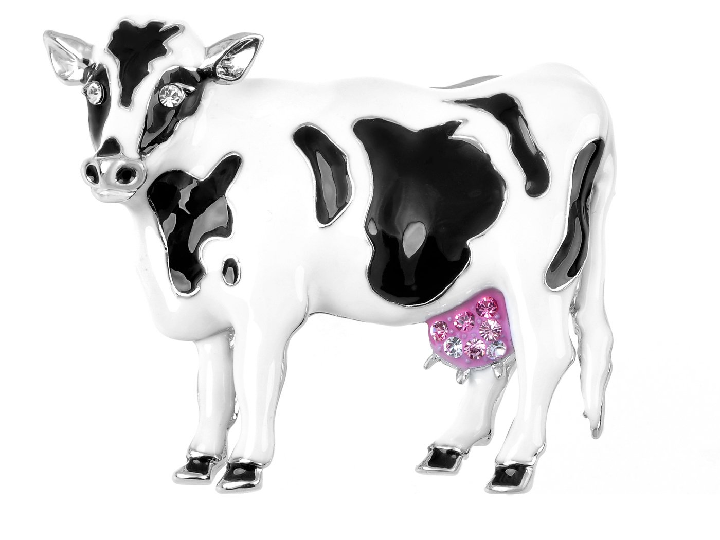 Alilang Womens Black White Enamel Cute Farm Animal Cow Bovine Cattle Pink Crystal Udder Brooch Pin