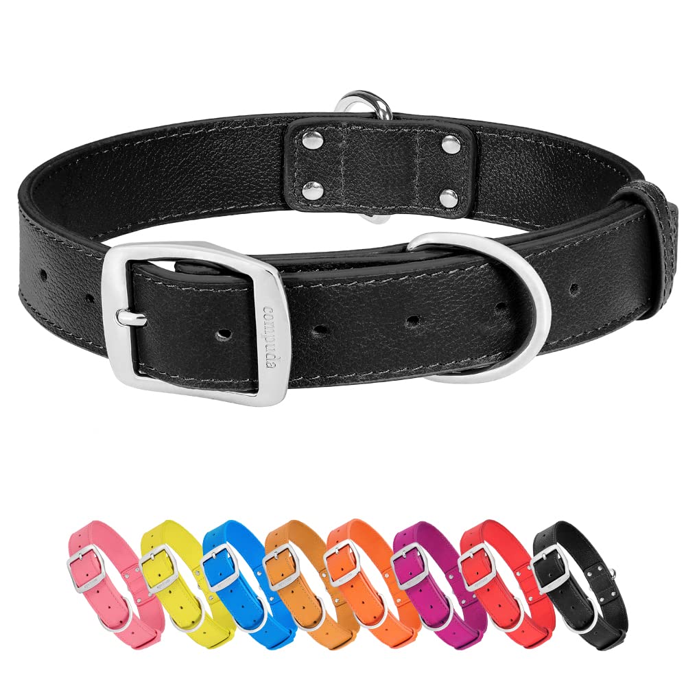 quipudaLeather Dog Collar for Medium Dogs, Soft Lined Genuine Leather Dog Collar with Double Buckle