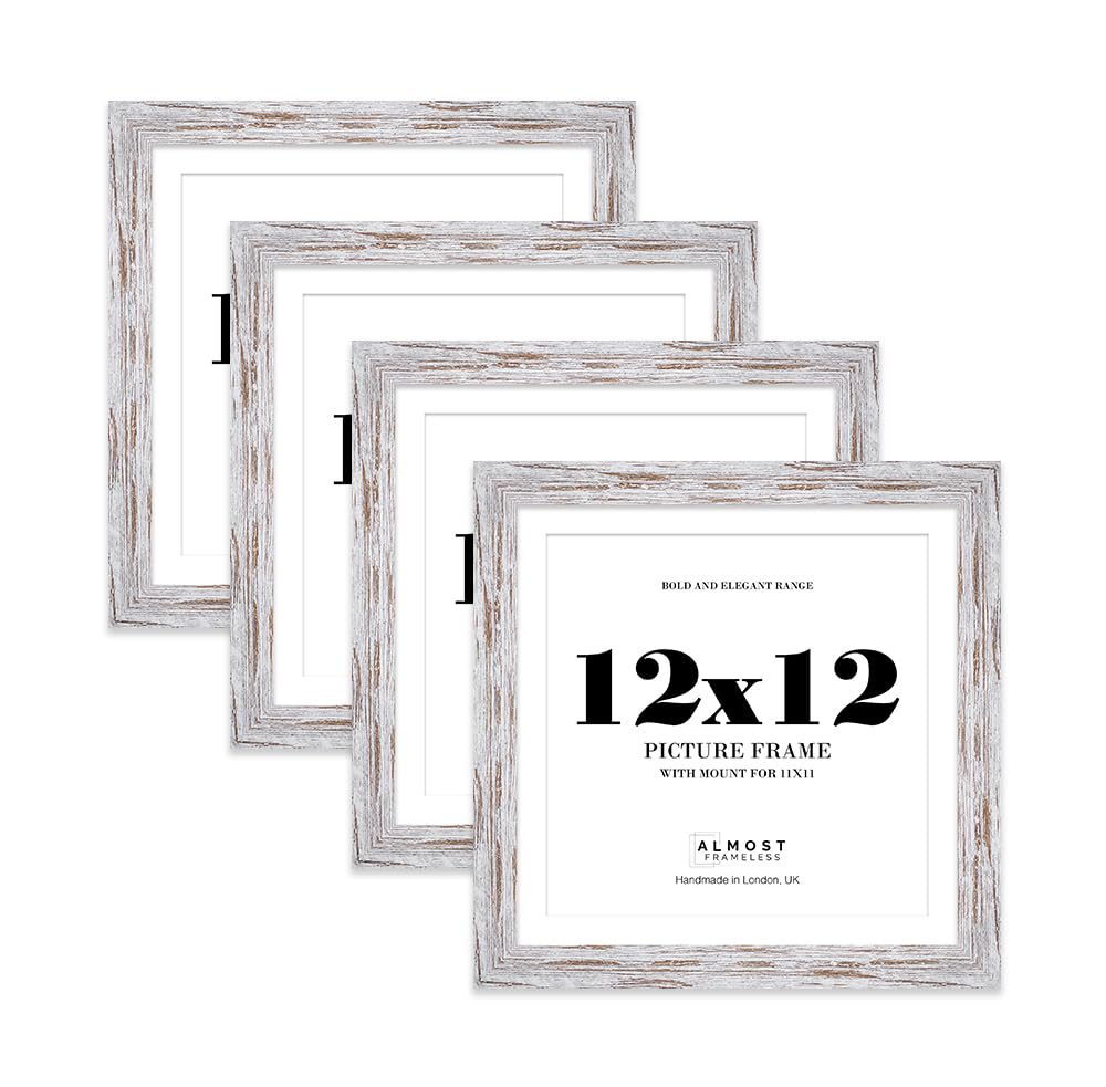 12x12" Distressed Wood Square Frame With Mount for 11x11" Pictures 28mm Edge Frame Display with Wall Hooks and Kickstand, 4 Pack