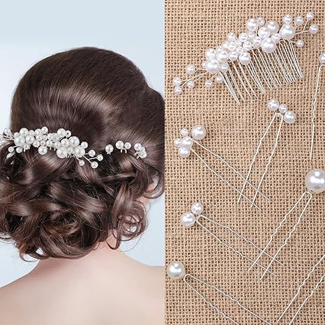 DHANABAPA Pearl Bride Wedding Hair Comb Pearl Hair Pins Set Bridal Side Comb U Shape Bridal Hair Clip Pearl Bobby Pins Updos Hair Piece Wedding Hair Accessories for Women Girls, 9 Pcs (Silver).
