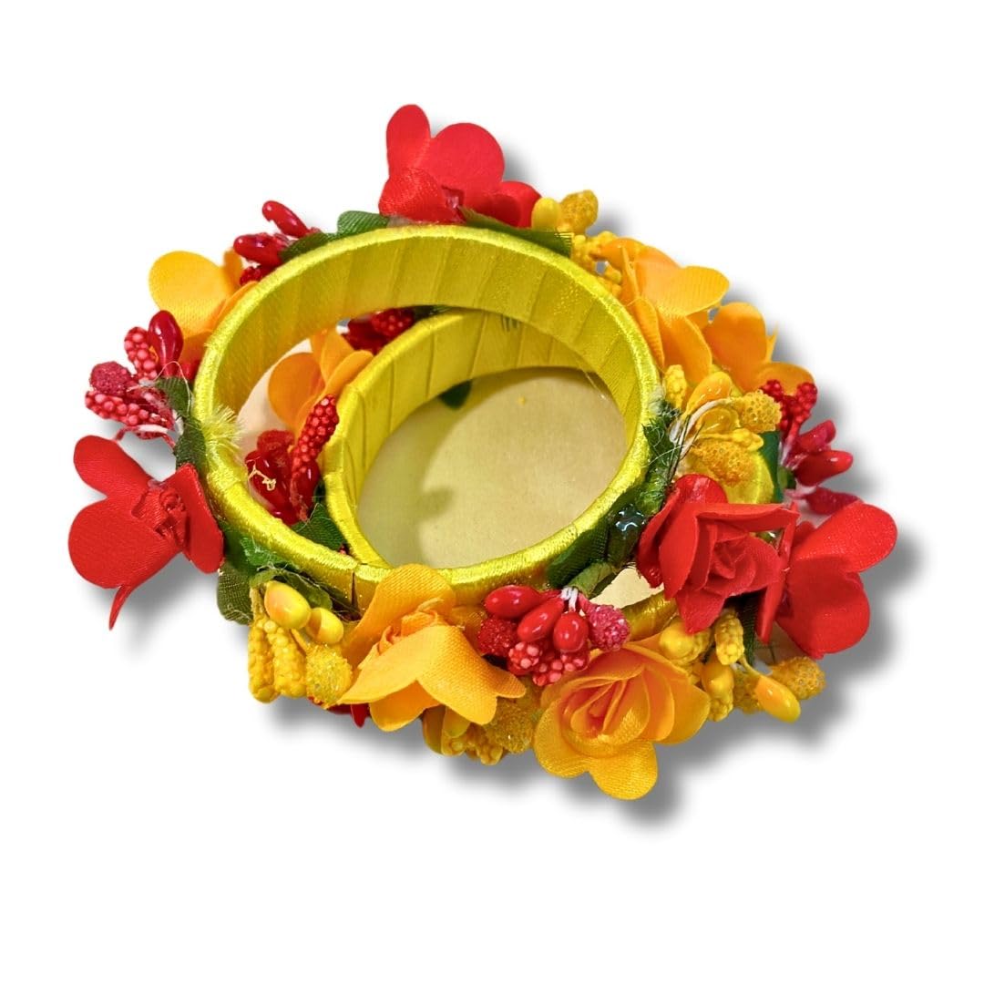 HALDI MEHENDI SHAADI Pair of Flower Bangles for Bride during Wedding, Baby Shower, Haldi Ceremony Accessories for home (Adjustable Bangle Jewellery, Red Yellow) (B0CRYPCDZM) Amazon Price History, Amazon Price Tracker