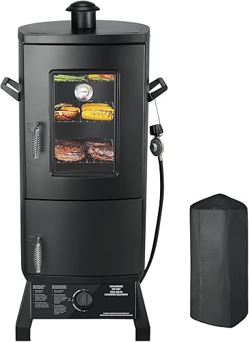 Ahumador de propano con tapa, parrilla vertical para ahumar gas de carne, resistente al aire libre, 3 estantes extraíbles para ahumar, color negro
