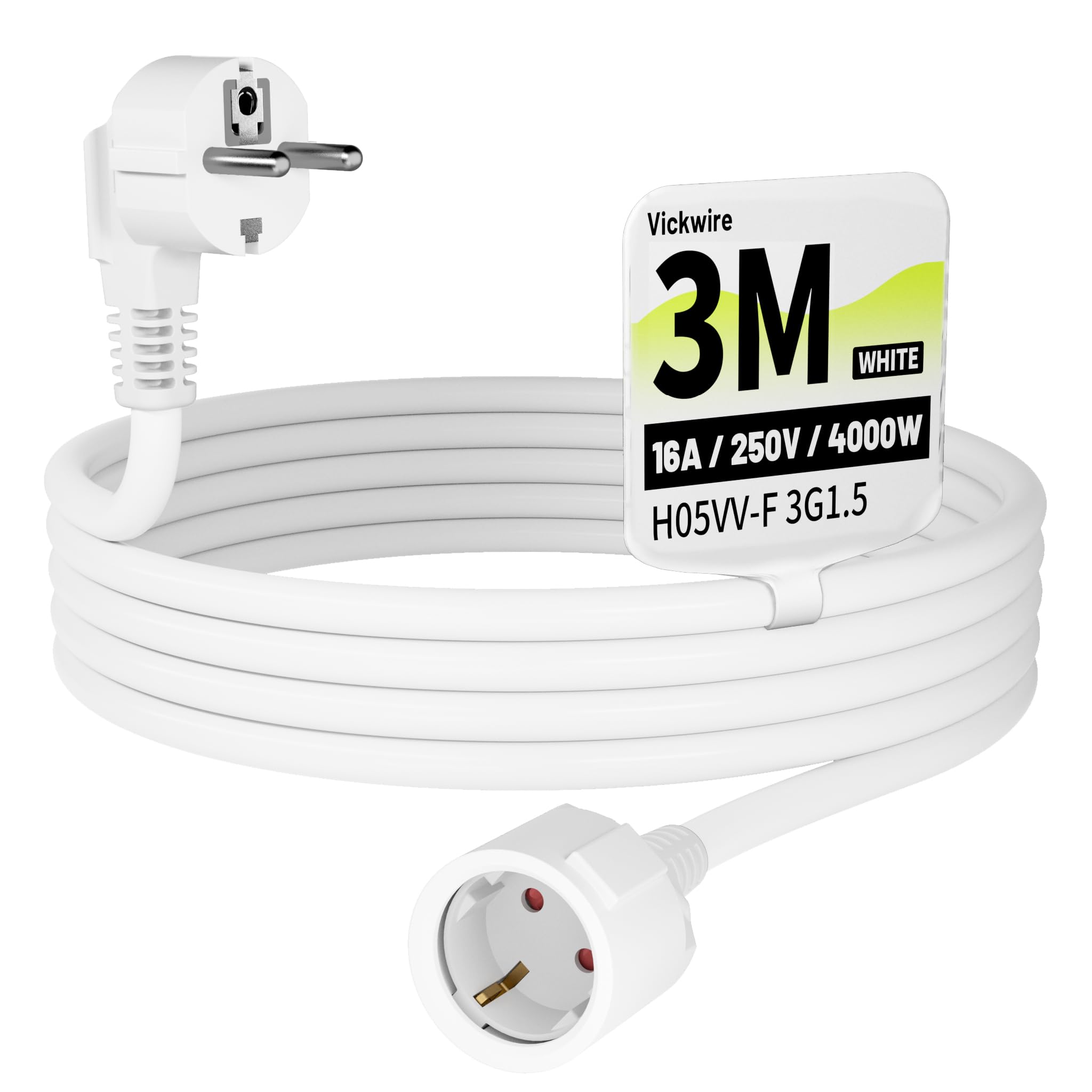 Vickwire Verlängerungskabel 3m Kabel Kabelverlängerungen mit Schutzkontakt Stecker Schuko Verlängerung 16A/250V, Weiß, H05VV-F 3G1,5 mm²