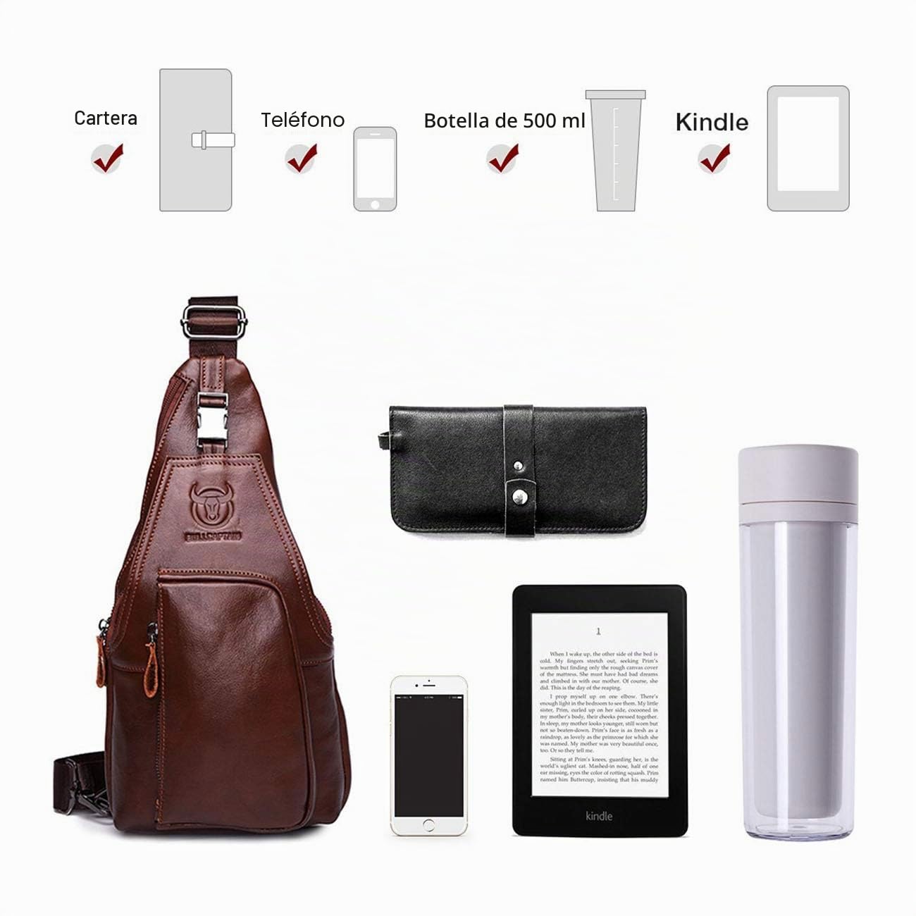 BULLCAPTAIN Bolso Hombres de Pecho Bolsa Bandolera, Mochila de Cuero Autentico Bolsos de Mochila Mochila Messenger Bag Daypack para el Negocio Casual Sport Hiking Travel Marrón