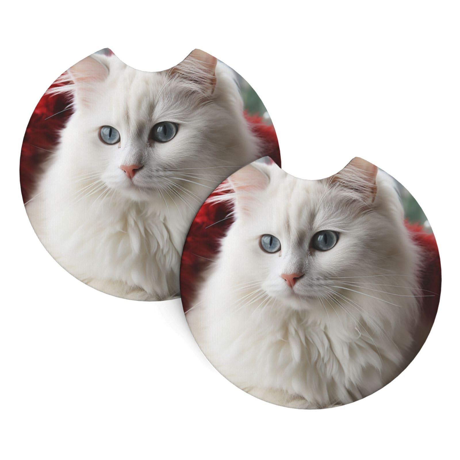 2PCS Car Coaster for Cup Holders Universal Auto Cup Mat Cute White Cat Cup Coaster Pad 2.7" Waterproof Neoprene Non-Slip Cup Holder Coasters Car Interior Accessories for Women Men