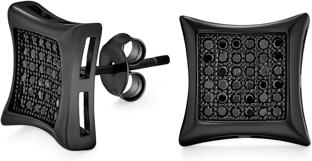 Black Square Shaped Cubic Zirconia Micro Pave CZ Kite Stud Earrings For Men Black Plated .925 Sterling Silver 9MM
