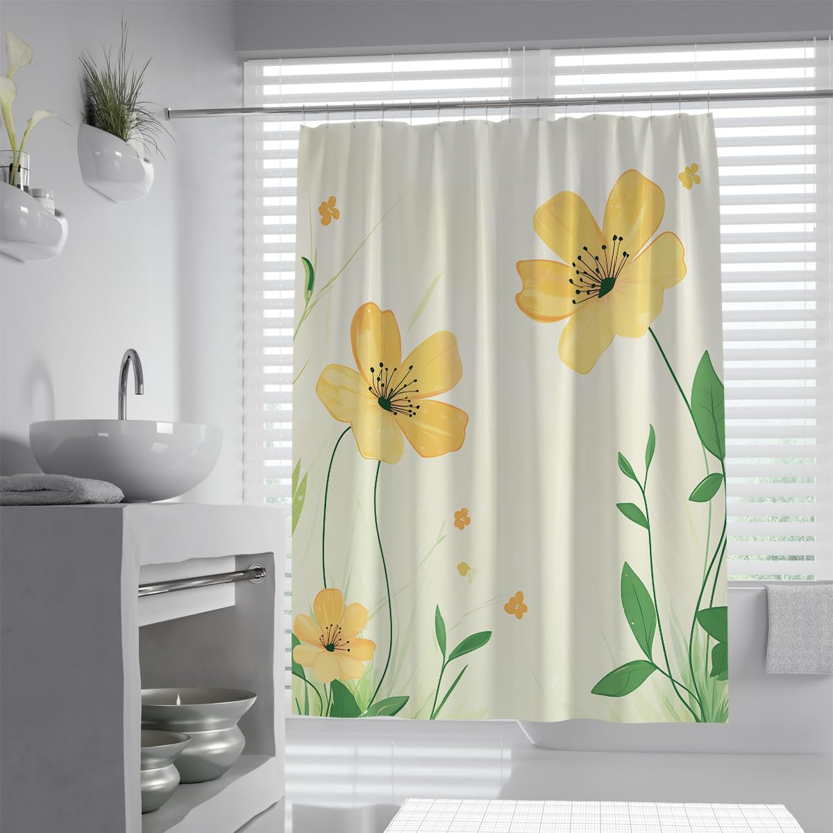 UIRINGART Yellow Floral Shower Curtain W180xL220cm Simple Botanical Print Water Resistant Mildew Proof Quick Dry Machine Washable Bathroom Decor with Hooks