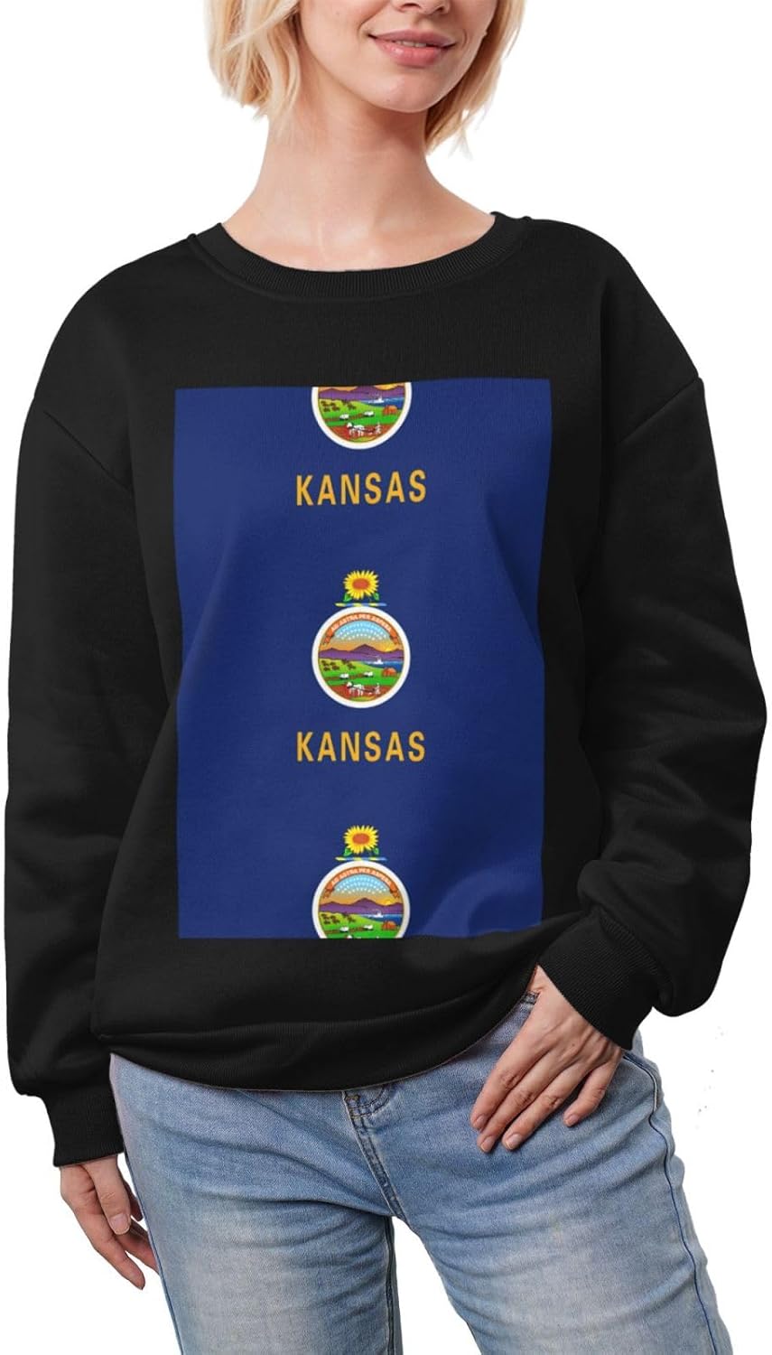 Sweat-shirt à manches longues pour femmes, imprimé drapeau de l&rsquo;état du Kansas, confortable, doublé polaire, épais, col ras du cou, décontracté, à la mode